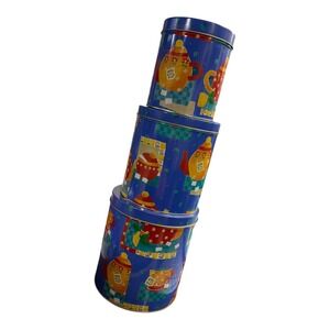Maison Department 56 Tea Time Stacking Tins Set of 3 Blue Teapot Canisters